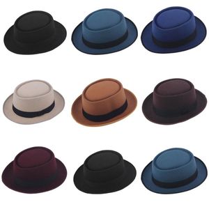 Mistdawn Hombres Mujeres Clásico Fieltro Pork Pie Cap Upturn Ala corta Porkpie Hat Black Ribbon Band Tamaño 7 1/4 Wide Sombreros