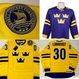 Mit Hommes # 30 Henrik Lundqvist Peint À La Main Suède Jersey Jaune Violet 100% Cousu Broderie s Hockey Maillots