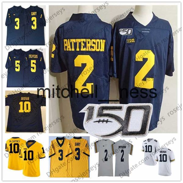 Mit8 2019 Michigan Wolverines # 2 Shea Patterson 10 Dylan McCaffrey Devin Bush 3 Rashan Gary Peppers Brady Woodson Blanco Azul marino 150TH Jersey