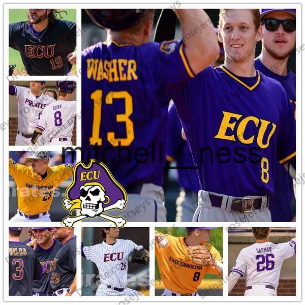 Mit8 Custom East Carolina Pirates 2019 ECU Baseball N'importe quel nom Numéro Violet Blanc Noir Jaune 13 Jake Washer 8 Turner Brown Hommes Maillot Jeunesse