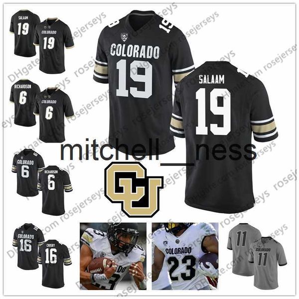 Mit8 NCAA Colorado Buffaloes # 19 Rashaan Salaam 16 Mason Crosby 6 Paul Richardson 9 Juwann Winfree Noir Gris Blanc Retraité Football Maillots 4XL