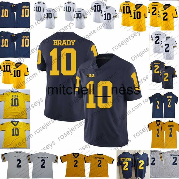 Mit8 NCAA Michigan Wolverines # 10 Tom Brady Jersey Vente Chaude # 2 Charles Woodson Shea Patterson 2019 New College Football Bleu Marine Blanc Jaune