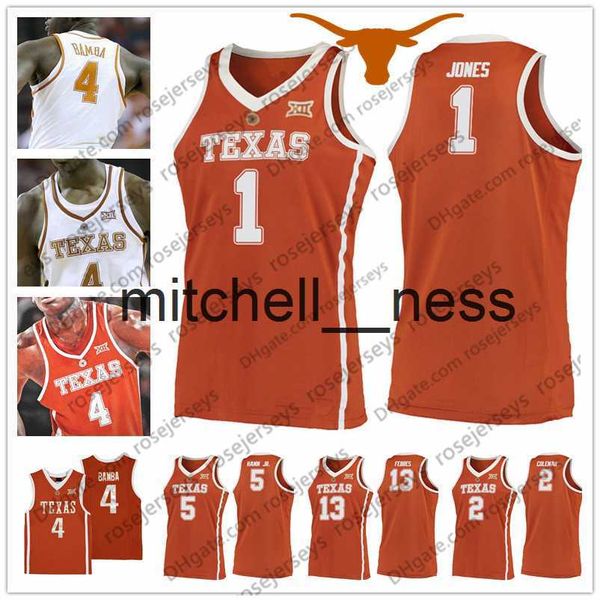 Mit8 NCAA Texas Longhorns # 1 Andrew Jones 2 Matt Coleman 5 Royce Hamm Jr. 13 Jase Febres Retro orange blanc College Basketball Jersey Vintage