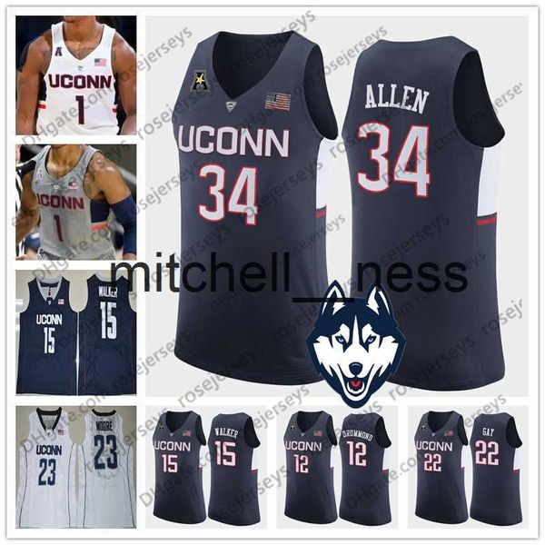 Mit8 NCAA Uconn Huskies # 34 Allen 22 Gay 15 Walker 12 Drummond Maya Moore blanco Ray Rudy Kemba Andre 23 gris azul Connecticut Jerseys