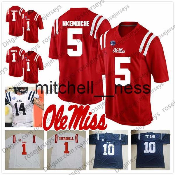 Mit8 Ole Miss Rebels #14 DK Metcalf 8 Elijah Moore 9 Jerrion Ealy 24 Snoop Conner 26 Isaiah Woullard maillot rouge bleu marine blanc