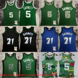 Impreso Clásico Retro 1997-98 Baloncesto 21 Kevin Garnett Jersey Vintage Azul Negro 2007-08 Verde 5 Garnett Jerseys Camisas deportivas transpirables