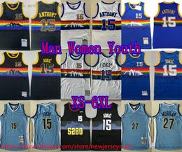 Aangepast S-6XL Klassiek Retro 2016-17 Basketbal 15 Nikola Jokic Jersey Klassiek Vintage 27 Jamal Murray Jerseys Blauw Wit Ademend Sport 15 Carmelo Anthony 2003-04