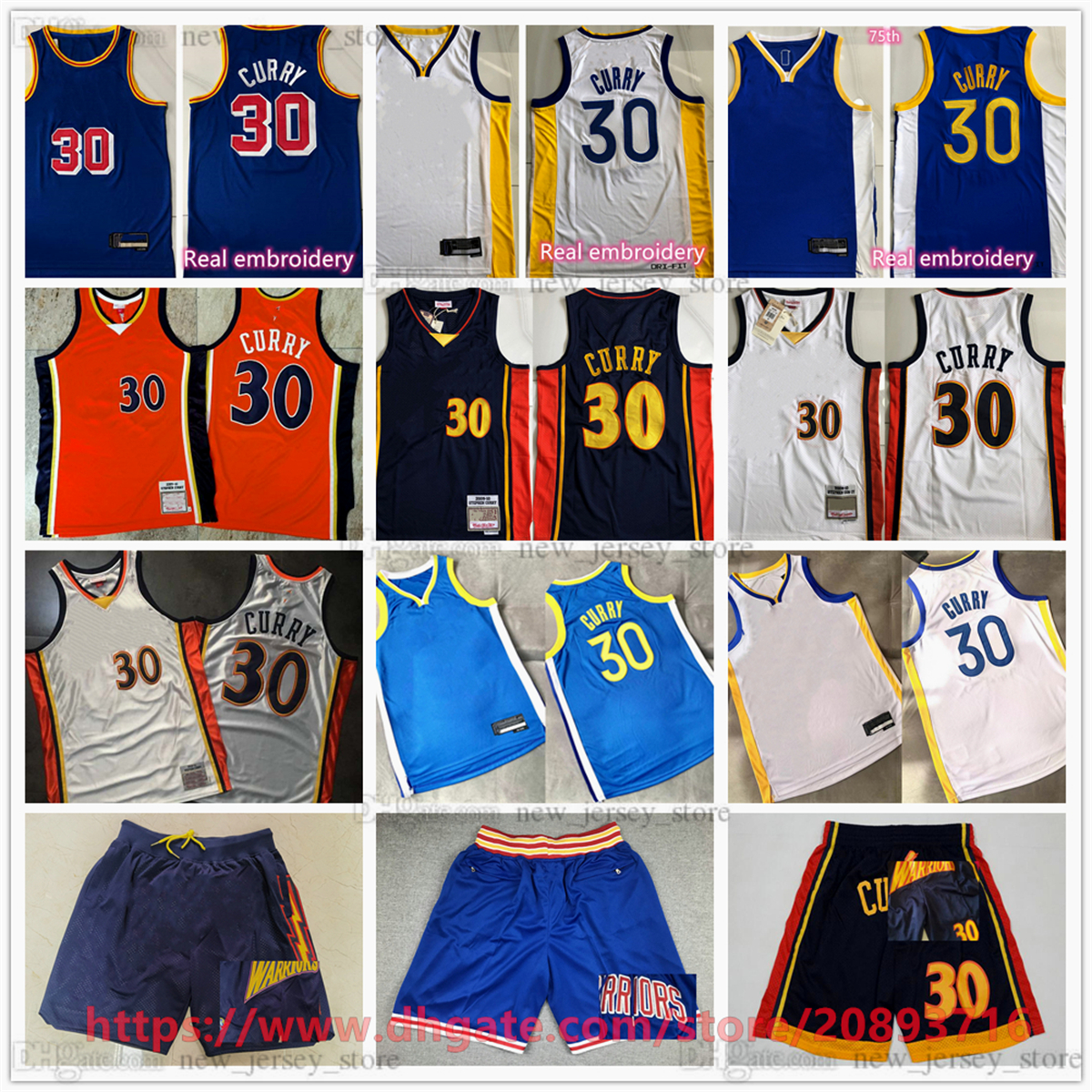 Mitchell e Ness Authentic Embroidery Basketball 30 StephenCurry Maglie Retro Blu Arancione Bianco 2009-10 Pantaloncini in jersey di qualità con cuciture sportive traspiranti