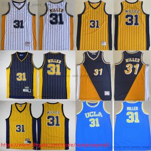 Klassiek Retro Basketbal Reggie 31 Miller Jersey Klassiek Vintage Throwback Gestikt Geel Blauw Wit Miller Gestreepte Jerseys Ademende Sportshirts Retro