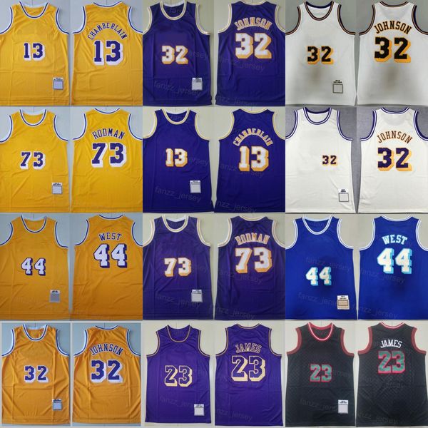 Vintage Johnson Jersey 32 Baloncesto Vintage Jerry West 44 Dennis Rodman 73 LeBron James 23 Retro Amarillo Púrpura Negro Blanco Beige Azul Rojo Cosido Logotipo del equipo grande