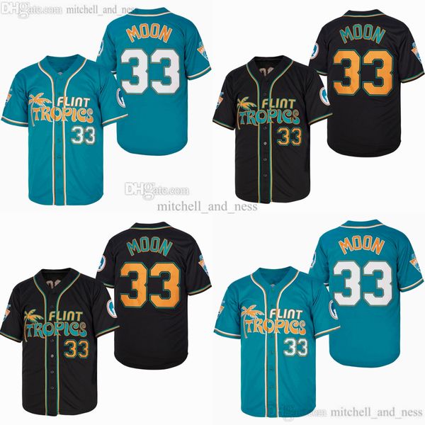 Throwback Movie Flint Tropics Baseball 33 JACKIE MOON Jersey Vintage Cousu Respirant Sport Vert Noir MOON Jerseys Chemises pour homme