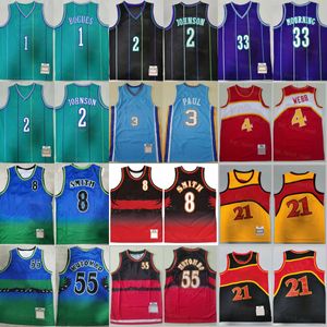 Baloncesto retro Steve Smith Jersey 8 Chris Paul 3 Spud Webb 4 Dikembe Mutombo 55 Tyrone Muggsy Bogues 1 Larry Johnson 2 Alonzo Mourning Púrpura Verde Retroceso