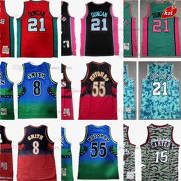 Mitchell e Ness Retro Ed Basquete Tim 21 Duncan Jerseys Azul Vermelho 96-97 Steve 8 Smith Dikembe 55 Mutombo Camuflagem 15 Carter Jersey