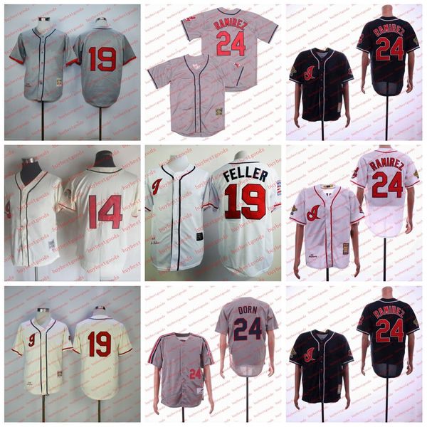 Jersey de baseball vintage 24 Jersey Manny Ramirez 19 Bob Feller 14 Larry Doby Cousue de films de films