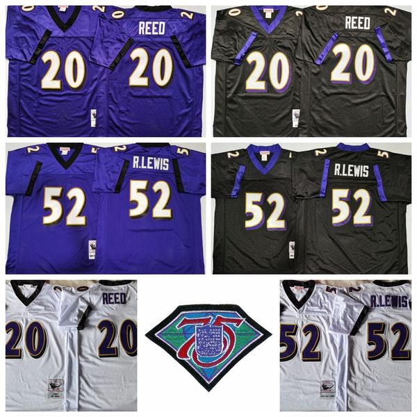 Mitchell et Ness Trowback Football Vintage 20 Ed Reed Jersey Men 75th Anniversary Retro 52 Ray Lewis Black Purple White All Stitched NCAA