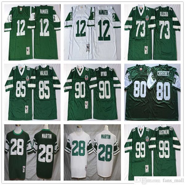 Fútbol vintage de retroceso 12 Jerseys Joe Namath 99 Mark Gastineau 28 Curtis Martin 73 Joe Klecko 90 Dennis Byrd 85 Wesley Walker 80 Wayne Chrebet Jersey S-3XL