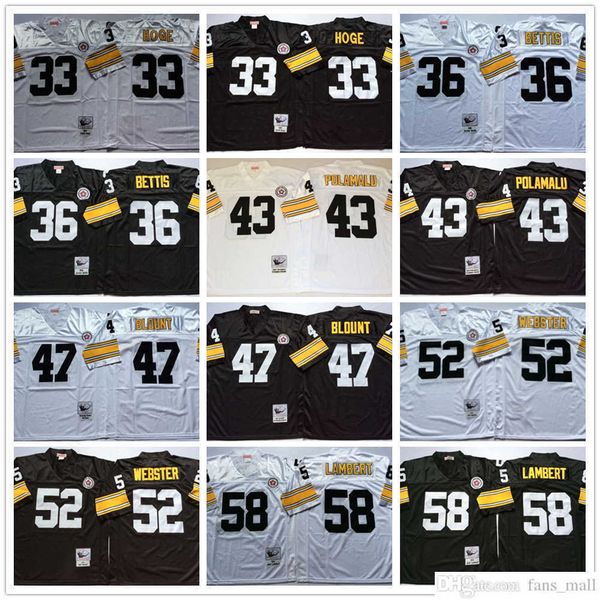 Mitchell et Ness Vintage Football 36 Jerome Bettis Maillots cousus 43 Troy Polamalu 58 Jack Lambert 33 Merril Hoge 47 Mel Blount 52 Mike Webster Jersey Man S-XXXL