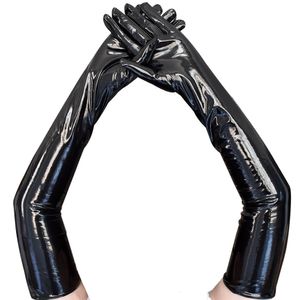 Manoplas Adulto Sexy Largo Negro Guantes de látex Metálico Mojado Mirada Guantes de cuero de imitación Clubwear Danza Catsuit Cosplay Accesorio Mittens 230905