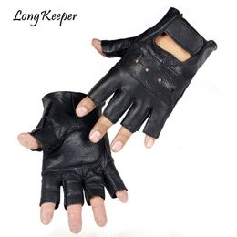 Manoplas largas para hombre, guantes de cuero genuino, Luvas antideslizantes de alta calidad, medio dedo, ovejas, gants sin dedos, moto 230829