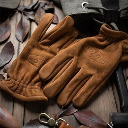 Mitaines Gants d'hiver en cuir véritable givré pour hommes, pour moto, doigt complet, avec fourrure, Vintage, peau de vache marron, L266D