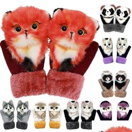 Wanten Winter Gebreide Handschoenen Schattig 3D Pluizig Cartoon Dier Decor Verdikte Pluche Voering Winddicht Thermische Warme Outfit Meisjes Drop Deliv Dhwhm