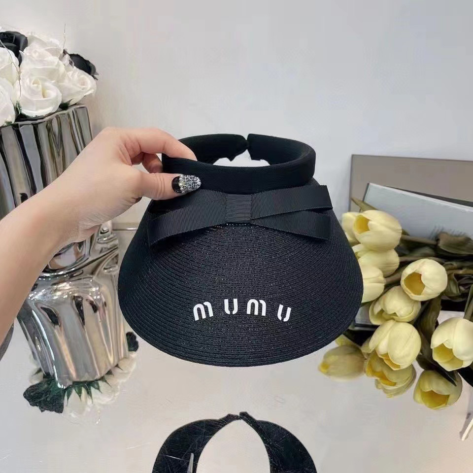 MIU レディース 空のシルクハット デザイナー ビーニー キャップ 日焼け止め UV ちょう結び 大きなつばの麦わら帽子