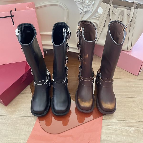 Miui Boot Designer High Women Black Brown Platform Bootes Vintage Motorcycle GRUNGE SHAUTES CALFSKIN BOOT LADES BOTTER