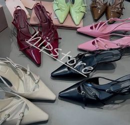 Zapatos de diseño gatito talón 5.5 cm 9 cm tacones de altura sandalias mujer zapatos de cuero genuino color sólido decoración del dedo del pie puntiagudo de la laca zapatos de fiesta de cuero tallado 35-41
