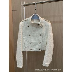 miui miui jas 23 Herfst/winter Nieuw niche-ontwerp Trendy merk Tweed jack met opstaande kraag en dubbele rij knopen