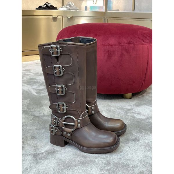 Miui set leder 22miu hause schuh dicken high-heel stiefel weibliche britischen stil getragen hohe stiefel dicke beine kavallerie stiefel