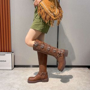 Miui sapato couro genuíno salto grosso martin botas femininas cowboy ocidental cano alto fivela de cinto de metal cabeça quadrada