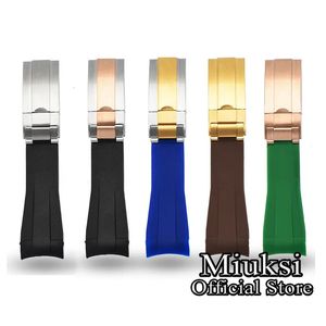 Miuksi 20mm noir bleu vert bracelet en caoutchouc extrémité incurvée bracelet avec argent rose or noir boucle en acier inoxydable 240116