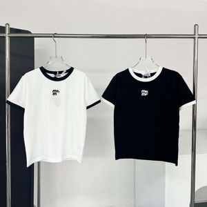 Miumiues t-shirt ontwerper luxe mode dames t-shirt zomer ronde nek los katoenen t-shirt met nieuw letters borduurwerk eenvoudig en veelzijdige korte mouwen