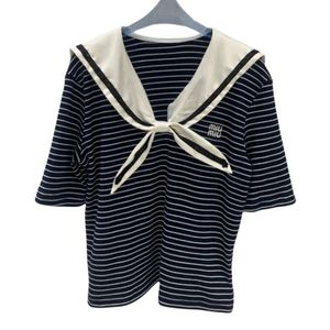 Miumius T-shirt Designer Mode Dames Tie Bow Navy Neck Stripe Dames Academy Style Reduced Age Zoet Veelzijdig Klein Fris Top