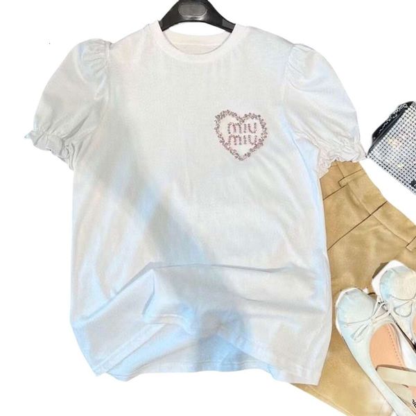 Miumius Camiseta Diseñador Moda de lujo Camiseta para mujer Verano Nuevo producto Cristal rosa Diamante Letra Decoración Burbuja Mangas cortas con cintura alta Pantalones cortos de trabajo