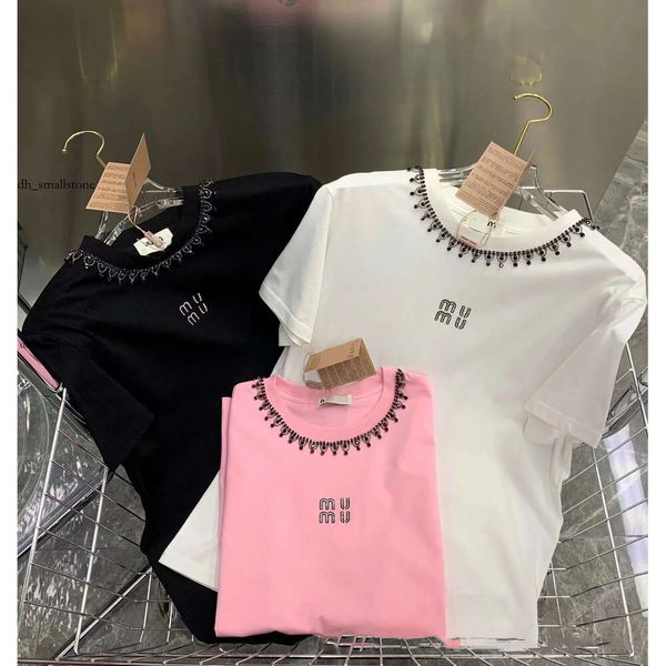 Miumiuss Summer Tshirt For Women Clothing T Shirt Women Bordery Beads Beads O-Chowly Camiseta de manga corta Femme Top de cosecha informal suelta 100% Algodón 904