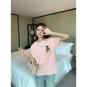 Miumiuss t-shirt ontwerper luxe mode dames t-shirt lente/zomer nieuwe kersen nagel diamanten letter losse casual korte mouw t-shirt