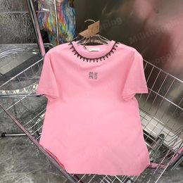 MIU Top Summer Tshirt For Women Clothing Lettre de broderie Perles O-Cold T-shirt à manches courtes Femme