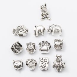 Mezcle 10 estilos de cuentas OWL Aleación chapada en plata antigua Big Hole Spacer Beads fit pandora pulsera DIY Joyería Collares Colgantes encantos