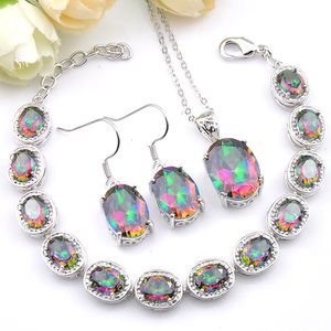 3 Pcs Bijoux De Mariage Cadeau Ovale Coloré Mystique Topaze Prasiolite 925 Collier En Argent Sterling Zircon Bracelets Boucles D'oreilles Pendentifs Ensemble De Bijoux