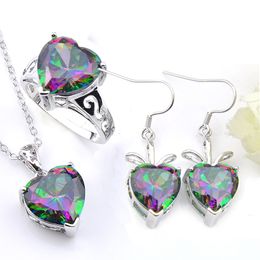 LuckyShine Valentijnsdag Gift Fire Rainbow Heart Mystic Topaz 925 Sterling Zilveren Ringen Hangers Oorbellen Sieraden Set Vrouwen Gratis Verzending
