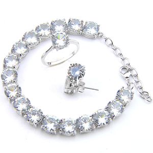 Groothandel 925 sterling zilveren vrouwen ring oorbellen armband sets ronde witte kubieke zirkonia edelstenen sieraden sets bruiloft sieraden setteren 8'in