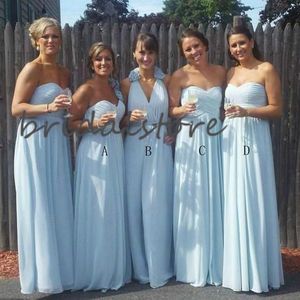 Mezclar vestidos de dama de honor azules baratos Boho gasa hasta el suelo vestidos de invitados de boda de campo Vestido largo de dama de honor junior de playa de verano 2020