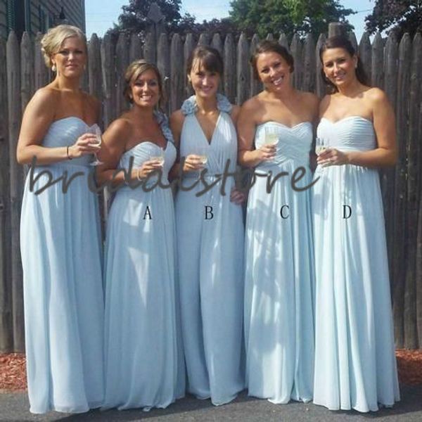 Mezclar vestidos de dama de honor azules baratos Boho gasa hasta el suelo vestidos de invitados de boda de campo Vestido largo de dama de honor junior de playa de verano 2020