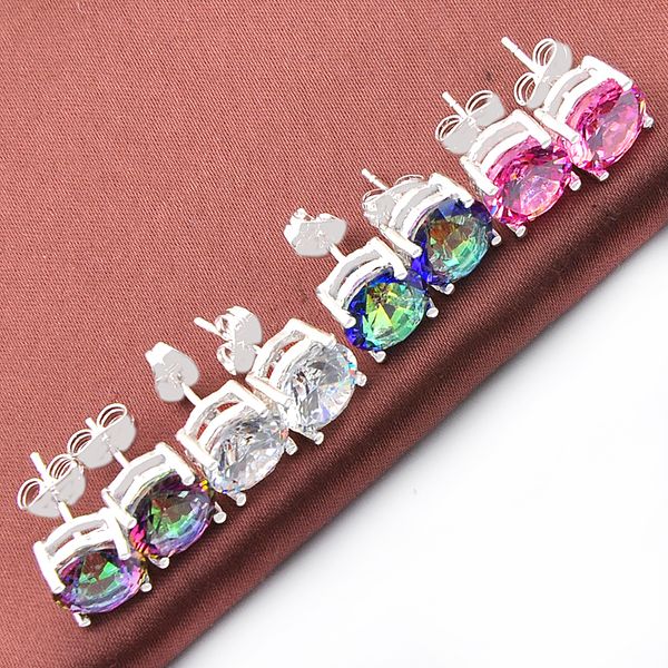 Mélange de couleurs 4 paires/lot boucles d'oreilles classiques rondes en topaze mystique de feu en zircone, pierres précieuses en argent 925 pour cadeaux de fête de mariage et de vacances