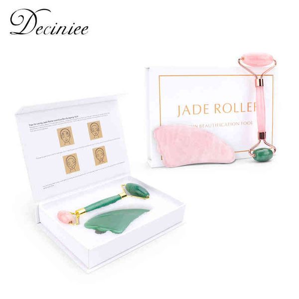 Mezcla de colores, masajeador de estiramiento Facial, juego de rodillos de Jade, masaje Facial, piedra de cuarzo rosa Natural, herramienta de belleza, regalo para niña 220429