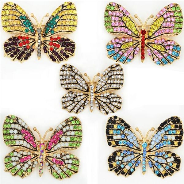 Mezcla de broches de mariposa de diamantes de imitación de colores, joyería de moda, broche de animales dorados esmaltados de aleación, accesorios para vestidos, venta al por mayor