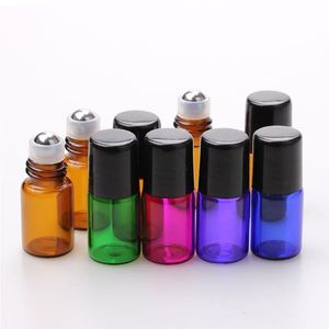 Mix Colors METAL Roller Ball Bottles 1ml 2ml Amber Purple Blue Green Red Glass Bottles with Stainless Steel Ball en Black Deksels Nuogd