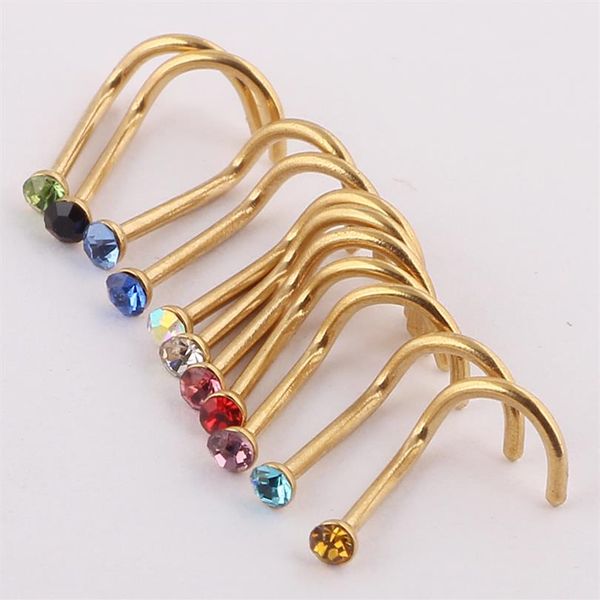 Mélanger les couleurs strass nez goujons vis anneau os barre corps Piercing bijoux or argent nez Pin194N