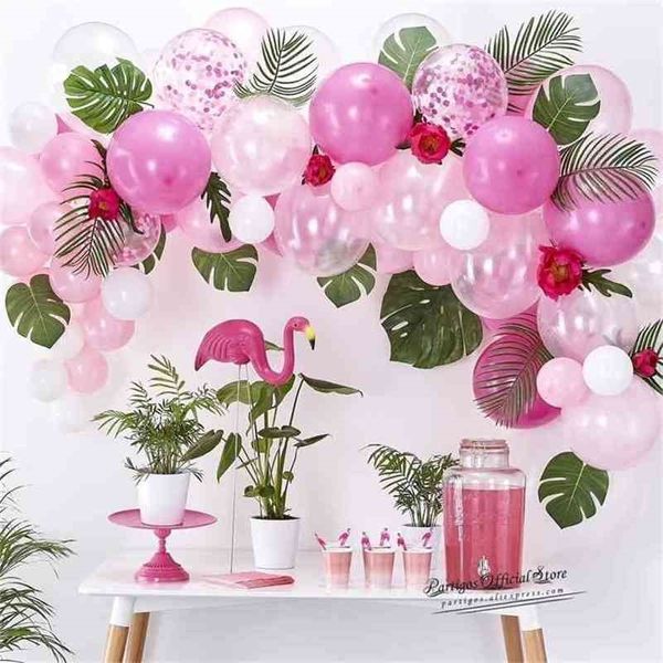 Mélanger Pink Flamingo Ballons Chaîne DIY Tropical Hawaii Island Thème Globos Garland A Feuilles Fête d'anniversaire Année Décor 210719